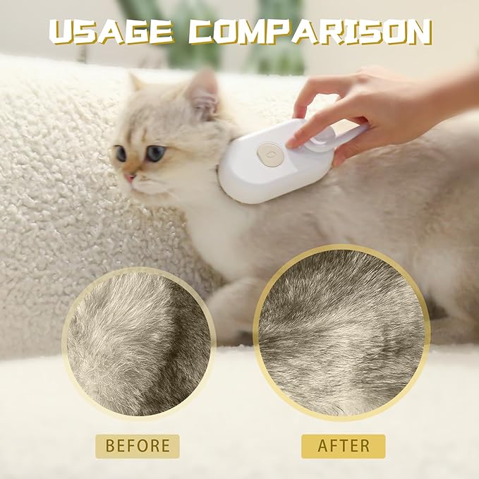 3-in-1 Steam Brush with Steamer - Suitable for Cats, Dogs and All Pets (White)