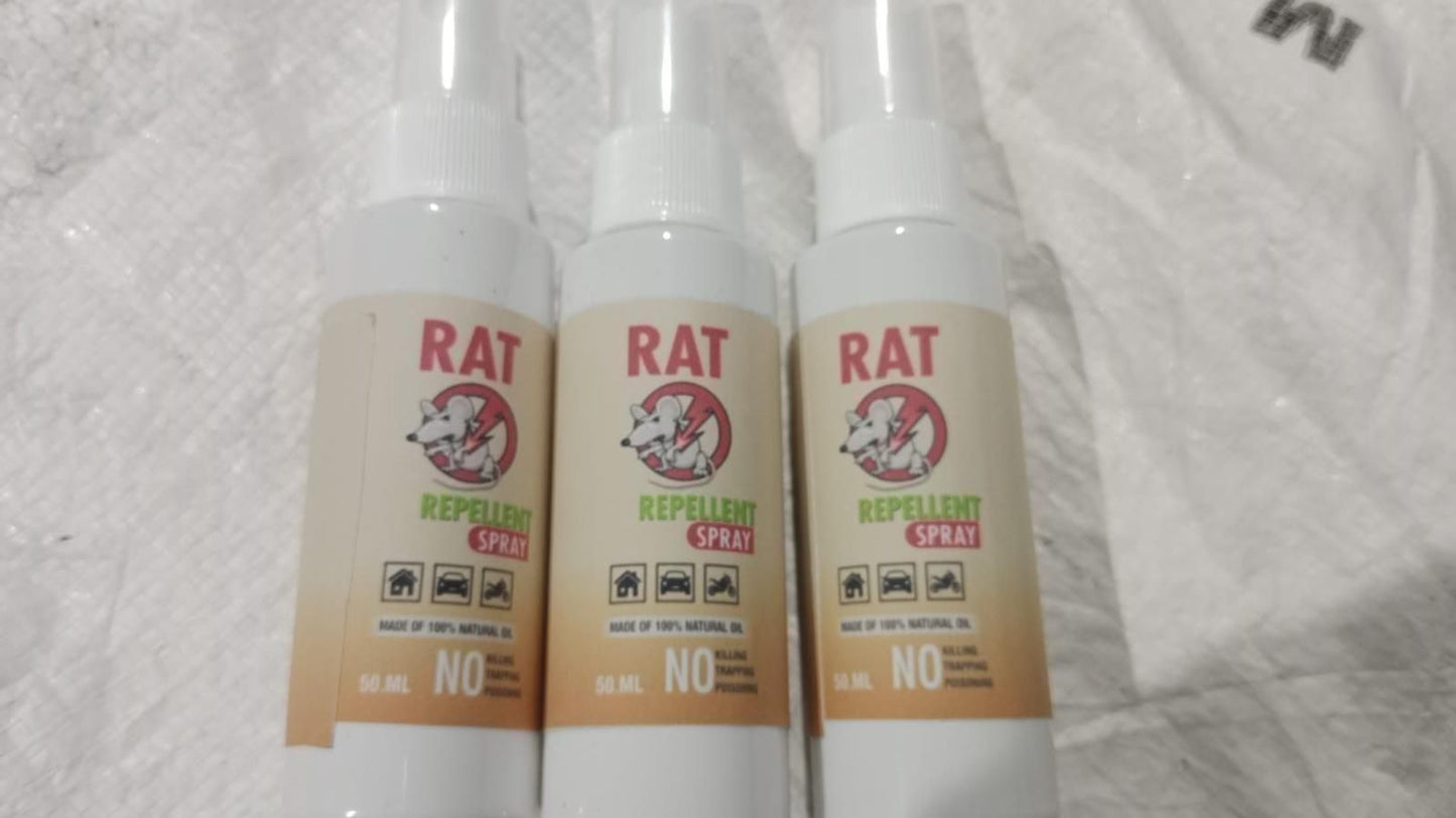 Three white spray bottles of natural rat deterrent 50ml pack with clear labeling and spray nozzles