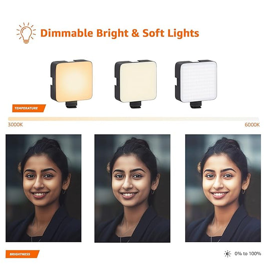 Camera Video Light with Clip and 3 Cold Shoe Connectors | 120 LED Beads | Dimmable and Rechargeable Battery |