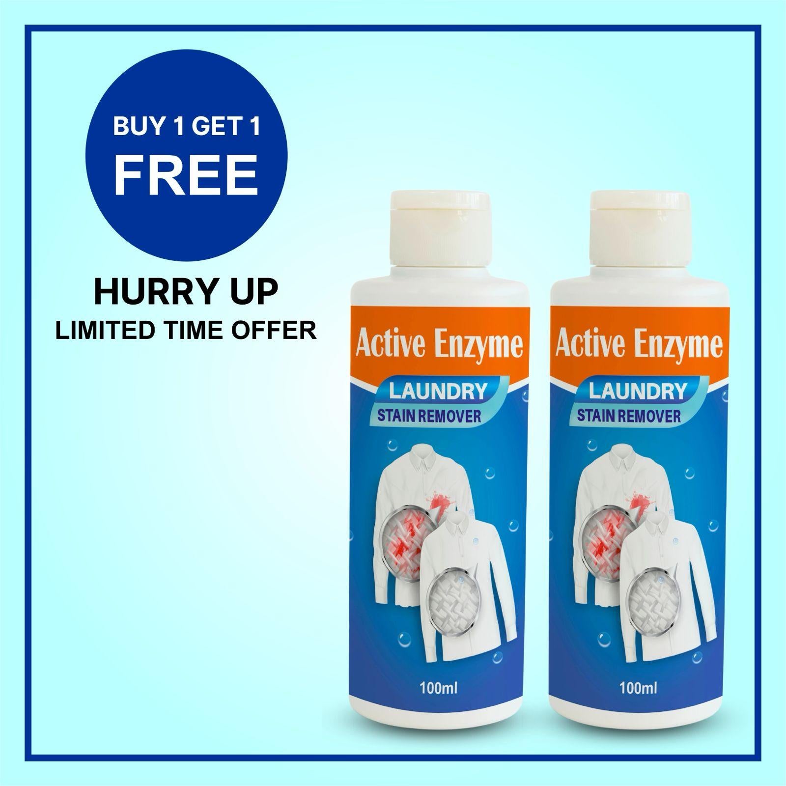 Two 100ml bottles of Active Enzyme Laundry Stain Remover with buy 1 get 1 free offer as best laundry stain remover for clothes