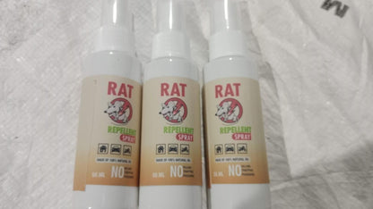 Three white spray bottles of natural rat deterrent 50ml pack with clear labeling and spray nozzles