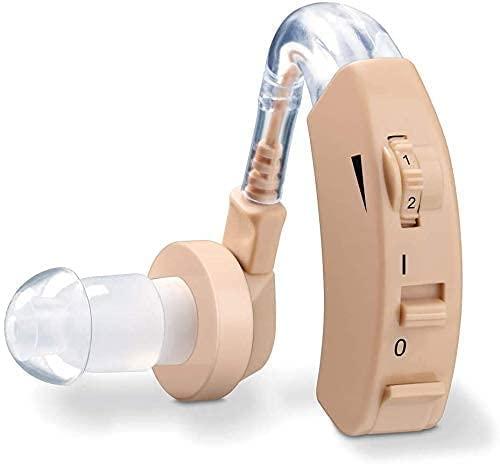 Beige ultra superior sound hearing aid with clear ear tip and adjustable volume controls