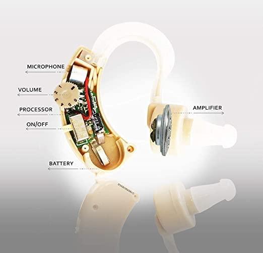 Internal components of an ultra superior sound hearing aid showing microphone volume processor battery amplifier